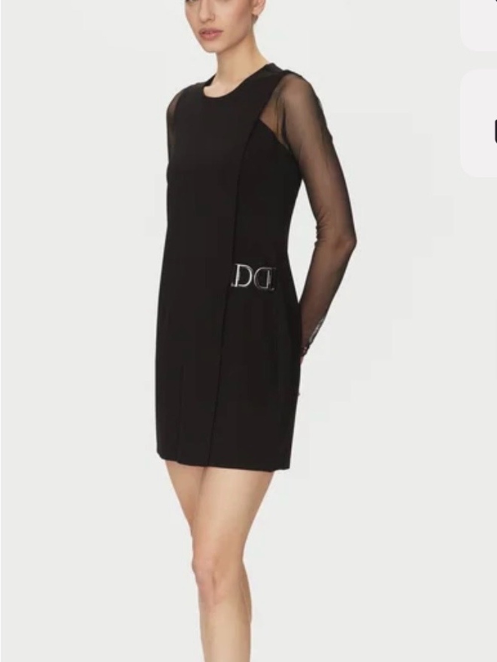 #932 DKNY Black Mini Sheath Dress with Sheer Long Sleeves in Excellent Condition